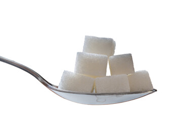 Hand is holding spoon with sugar spoons. Isolated on transparent background.