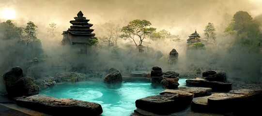 Japanese landscape spa. Japanese hot springs, ancient architecture. 3D illustration.  3d rendering.
