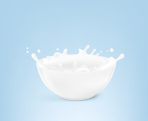 Bowl with milk splashes and drops. Vector illustration. Can be use for your design. EPS10.