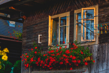 Fototapeta na wymiar old wooden cottage house decorated with red flowers, open windows on an old house, countryside, Slovakia, Europe