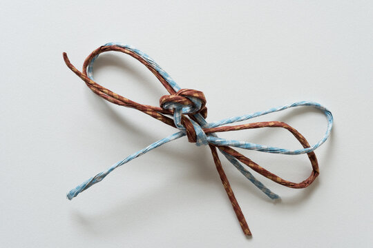 twisted paper ribbon cord tied together or knotted on blank paper
