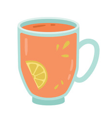 Coffee or tea in cup. Hot drink in glass goblet with lemon. Restaurant or cafe, menu, graphic element for website. Sticker for social networks and messengers. Cartoon flat vector illustration