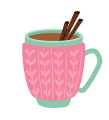 Coffee or tea in cup. Hot drink with two chocolate sticks. Dessert and delicacy, sweets. Green mug with pink pattern, kitchen utensils. Sticker for social networks. Cartoon flat vector illustration