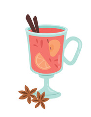 Fruit cocktail in glass. Dessert and delicacy, gumran. Aroma and beverage. Juice or soda with chocolate sticks, piece of orange. Poster or banner for website. Cartoon flat vector illustration