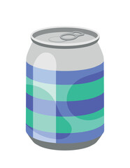 Cold drink icon. Aluminum can with blue and green stripes. Tasty sweet liquid and beverage. Delicacy and gourmet. Refreshing cocktail for relaxing in hot weather. Cartoon flat vector illustration