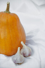 An orange pumpkin and two heads of garlic stand on a background of white cloth, halloween, minimalism, autumn vegetables, white background