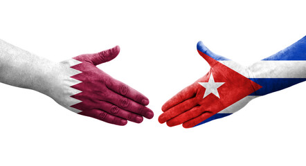 Handshake between Cuba and Qatar flags painted on hands, isolated transparent image.