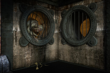 Scary boogeyman monster hiding in the pipes of an old sewer. Nightmare horror concept 3D rendering.