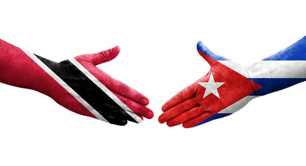 Handshake between Cuba and Trinidad Tobago flags painted on hands, isolated transparent image.