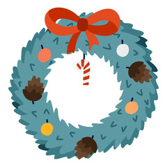 Cute Christmas wreath. Traditional decoration for Christmas eve and New Year. Holiday lush pine wreath with bow of red ribbon, candy cane, cones and Christmas toys. Hand drawn vector illustration.