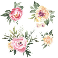 Watercolor Llama Flowers Peonies Pink Bordeaux Tropical Flowers and Bouquets for Wedding Invitation Card Fabrics