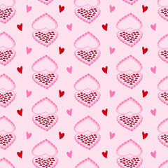 Cute and colorful vector seamless hand drawn pattern with cute heart shaped box of chocolates and hearts. Valentine's day illustrations. For wrapping paper, bedclothes, notebook, packages, gift paper