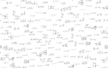 Formulas of astrophysics, quantum mechanics, radio circuits. Scientific, educational background on white. Hand drawn.