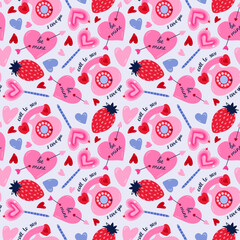 Cute, colorful vector seamless hand drawn pattern with retro phone, heart pierced by arrow, strawberry. Valentine's day illustrations. For wrapping paper, bedclothes, notebook, packages, gift paper