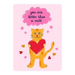 Cute postcard for Valentine's day, birthday, other holiday. Poster with hand drawn illustration of cat holding heart in the paws and speech bubble with lovely quote lettering. Greeting card template.