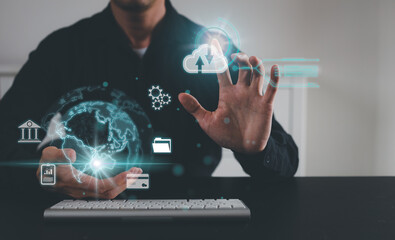 Hand holding virtual Global Internet connection metaverse. Business global internet connection application technology and digital marketing, Financial and banking, Digital link tech, big data.