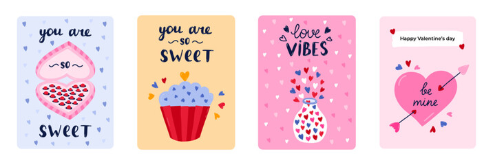 Fototapeta na wymiar Set of cute postcard for Happy Valentine's day, birthday or other holiday. Posters with lettering and vector hand drawn illustration about love, romance, holiday, 14th February. Greeting card template