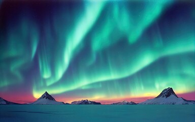 Aurora Borealis (The Northern Lights) over winter 2022-2023. Landscape image of gorgeous and bright...