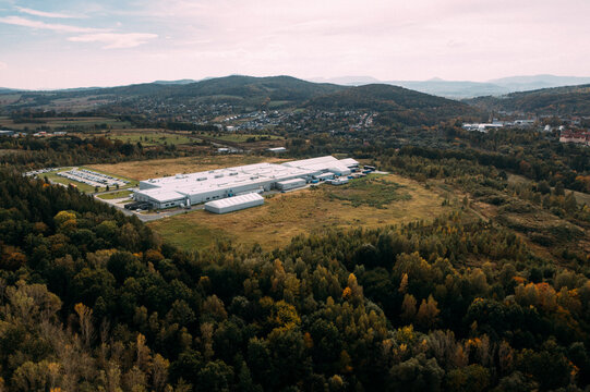 Aerial view of the distribution center, drone photography of the industrial logistic zone.