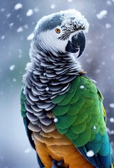 Fototapeta premium Parrot in the snow 3D rendered Computer generated image with a snowy winter scene new for Winter 2023. Windy snowstorm and frosty blizzard keeps this cute animal chilly