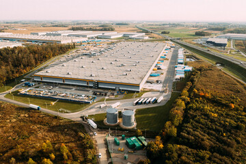 Aerial view of the distribution center, drone photography of the industrial logistic zone.