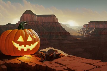 Artistic painting of haloween in the grand canyon, cinematic desert style - a carved group of pumpkins jack-o'-lantern lying on the ground with grand canyon and sunset in the background.  illustration