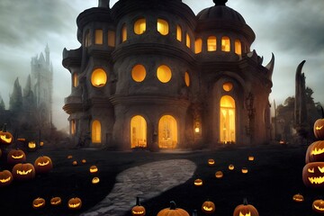 Fototapeta na wymiar Halloween abandoned haunted house special haunted house with pumpkins jack o lanternn all around it, scary building. Digital painting concept 3D illustration 