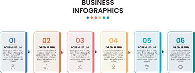 Infographics for business concept. Can be used for presentations banner, workflow layout, process diagram, flow chart, info graph, Horizontal diagram with 6 rectangular frames connected by arrows