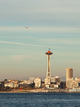 Helicopter over Space Neddle, Seattle
