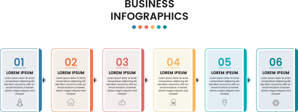 Infographics for business concept. Can be used for presentations banner, workflow layout, process diagram, flow chart, info graph, Horizontal diagram with 6 rectangular frames connected by arrows