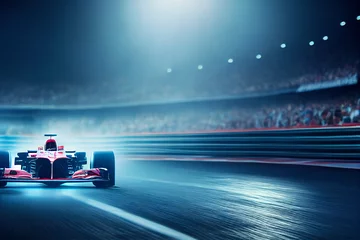 Afwasbaar Fotobehang Formule 1 Racer op een racewagen passeert de baan. Motorsport competitieve teamraces. Bewegingsonscherpte achtergrond. 3D render