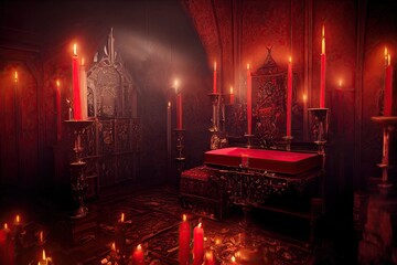 A gothic interior of a vampire castle of Transylvania, lit by candles and featuring an altar for satanic rites and human sacrifices. 3D illustration - obrazy, fototapety, plakaty