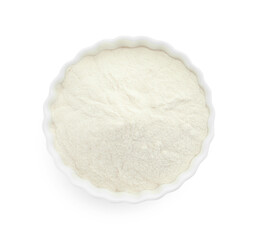 Bowl of agar-agar powder isolated on white, top view