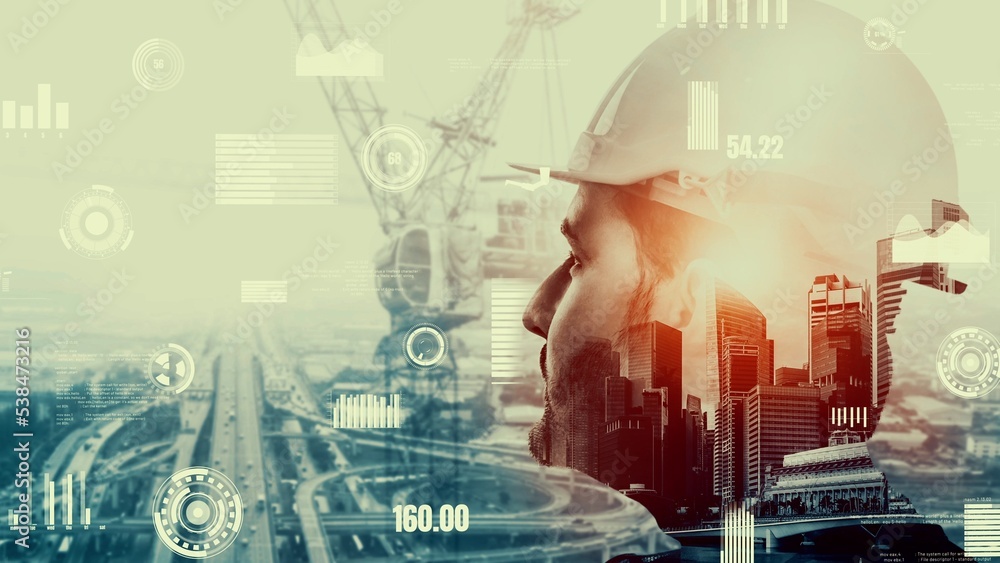 Poster future building construction and inventive engineering project concept with hud hologram graphic des