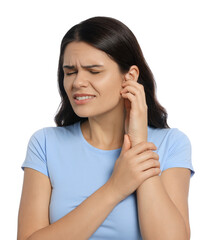 Fototapeta premium Young woman suffering from ear pain on white background