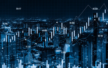 Financial graphs and digital indicators overlap with modernistic urban area, skyscrabber for stock market business concept. Double exposure.