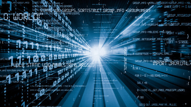 Software development, application programming code and tacit computer coding . Concept of smart digital transformation and technology disruption that changes global trends in new information era .