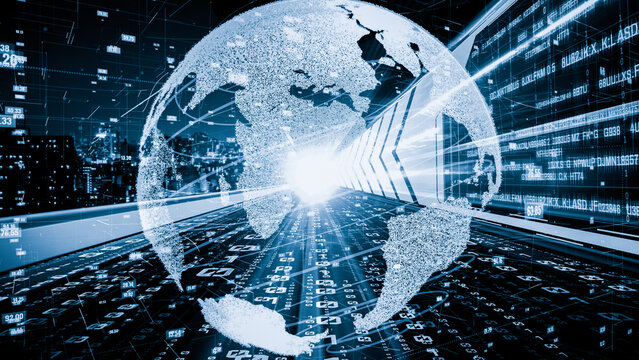Futuristic global network and tacit digital data transfer 3D graphic . Concept of smart digital transformation and technology disruption that changes global trends in new information era .