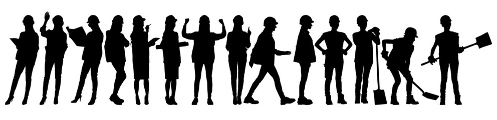 Silhouettes set of female workers with helmets. Vector flat style illustration isolated on white. Full length view