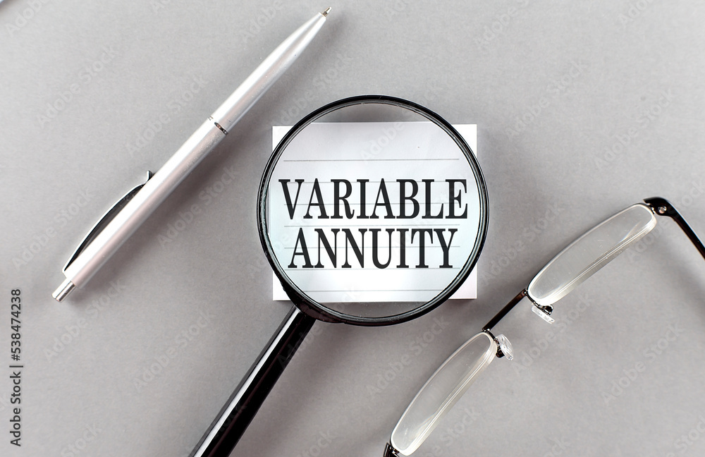 Poster word variable annuity on sticky through magnifier on grey background