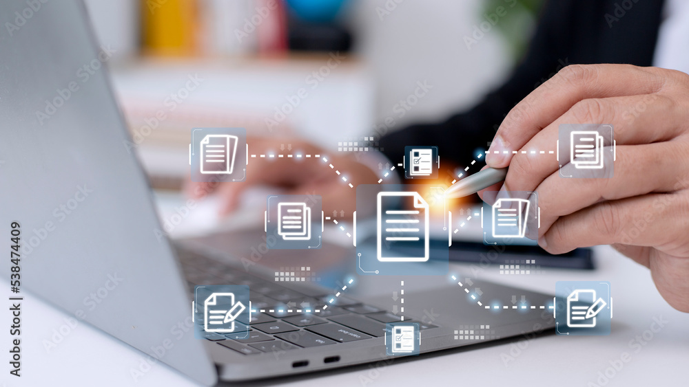 Poster businessman working with electronics document icons, e-document management, online documentation dat