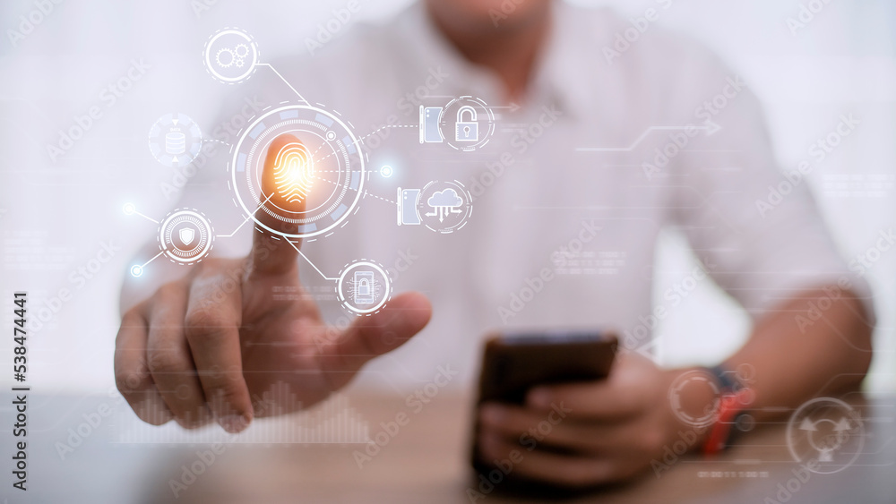 Poster technology fingerprint scan provides security. digital transformation change management,new technolo