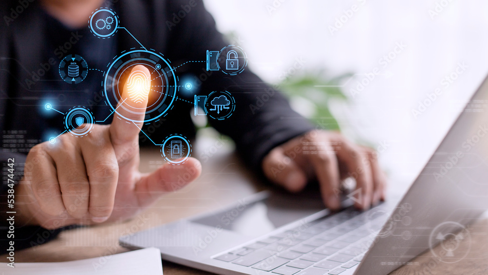 Poster technology fingerprint scan provides security. digital transformation change management,new technolo