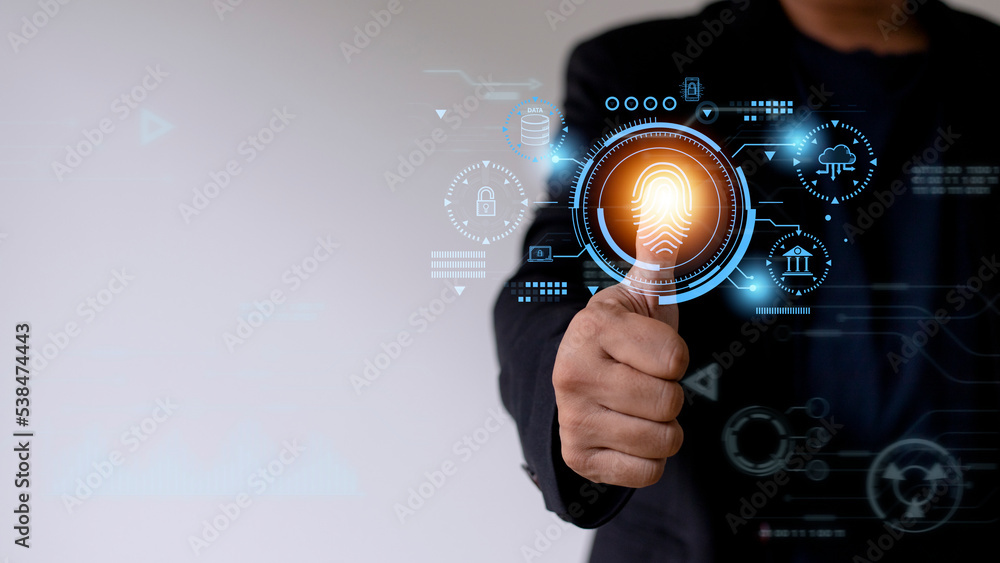 Aufkleber security of future technology and cybernetics on the internet, finger scanning allows access to secu