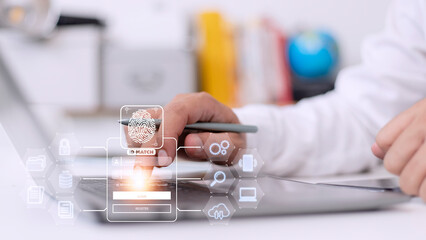 Fingerprint scanning and biometric authentication, processing of biometric for access personal data. surveillance and security scanning of digital programs cyber futuristic applications