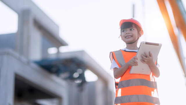 A little Asian girl acting the role of a construction engineer and architect with a safety helmet on her head, on a construction site use laptop or tablet