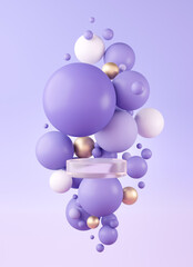 bubbles sphere purple or violet float frosted glass circle podium, balls gold on light purple backdrop. stand display luxury elegant advertising cosmetic beauty product or skin care. 3D Illustration.