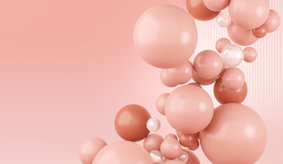 Bubbles sphere copper color or pink pastel float on light beige backdrop. atom or molecule concept display luxury elegant advertising cosmetic beauty product or skin care. 3D Illustration.