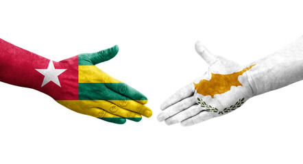 Handshake between Cyprus and Togo flags painted on hands, isolated transparent image.