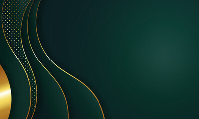 Curved golden lines on a dark green color background. Luxury realistic concept.